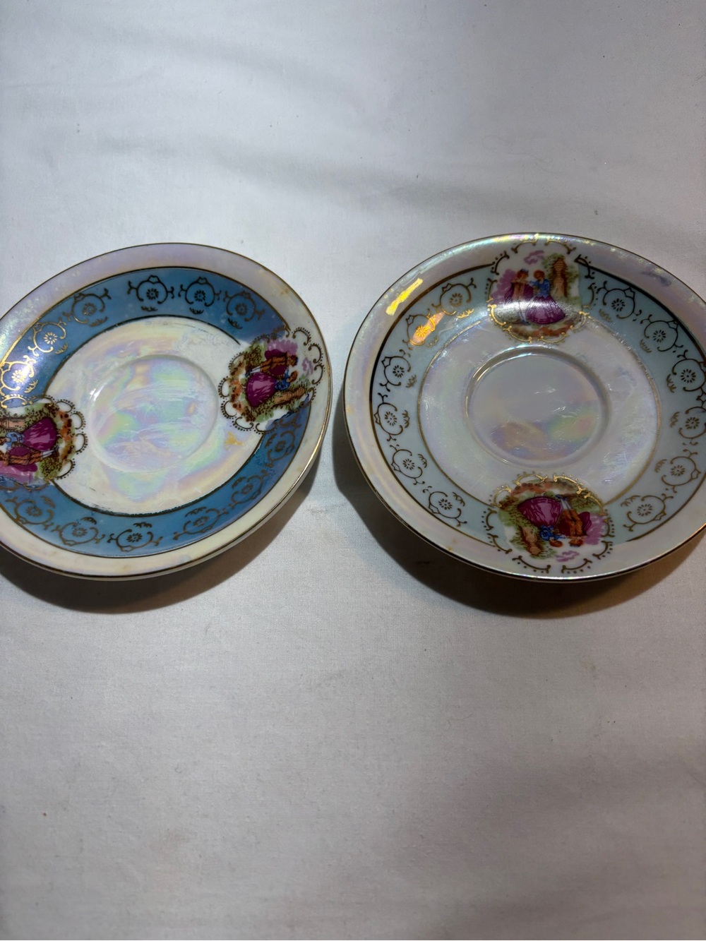 Vintage Lusterware Porcelain Saucer Pair with Blue and White Panels